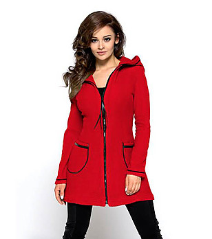 Червено дамско палто с качулка снимка