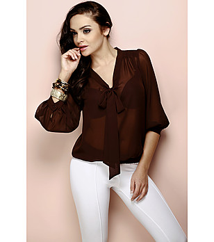 Кафява блуза с буфан ръкави снимка