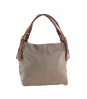 Дамска кожена чанта в цвят таупе с кафяви дръжки Lara снимка