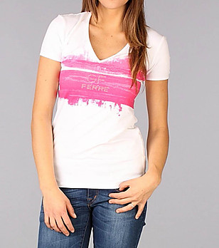 Памучна дамска тениска в бяло и розово Kiera снимка