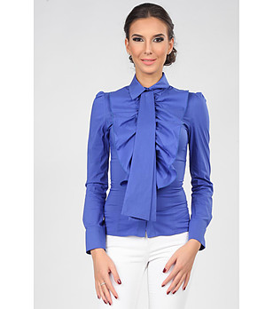 Риза в кралско синьо с волани и жабо снимка