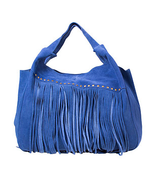 Синя дамска кожена чанта с ресни снимка