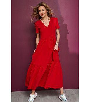 Памучна дълга рокля в червено Reli снимка