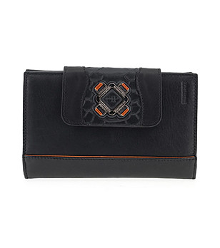 Черен дамски кожен портфейл с метално лого снимка