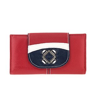 Червен дамски кожен портфейл с метално лого снимка
