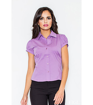 Виолетова дамска памучна риза с къси ръкави Sandra снимка