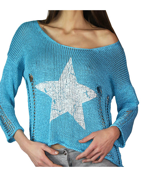 Плетена блуза в цвят тюркоаз с лодка деколте от Scandalo снимка
