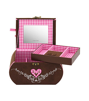 Кафява кутия за бижута с розова вътрешна част и бродерия снимка