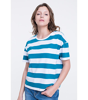 Памучна дамска тениска в бяло и синьо Ina снимка