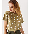 Памучна дамска тениска в цвят маслина на бели точки Pabla-2 снимка