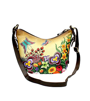 Ръчно рисувана кожена чанта с флорални мотиви Lolly снимка