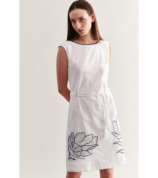 Бяла памучна рокля с флорални бродерии Marina снимка