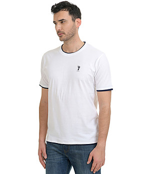 Бяла памучна мъжка тениска с тъмносини кантове Chinos снимка