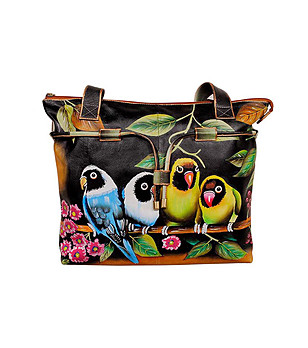 Ръчно рисувана дамска кожена чанта Екзотични папагали снимка