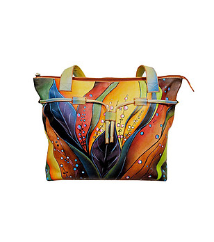 Многоцветна ръчно рисувана дамска чанта от естествена кожа Lea снимка