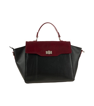 Черна кожена дамска чанта с капак в цвят бордо Alla снимка