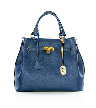 Дамска синя кожена чанта с катинарче Aura снимка