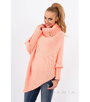 Дамски пуловер тип пончо в цвят сьомга Veronica снимка
