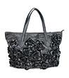 Черна дамска кожена чанта с декоративни цветя Tessa-0 снимка