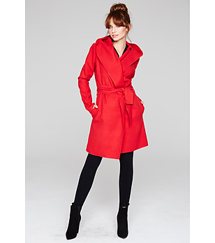Червено дамско вълнено палто Alice снимка