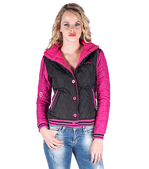 Дамско късо яке в черно и цвят циклама снимка