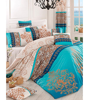 Двоен спален комплект с принт в цвят тюркоаз Katre снимка