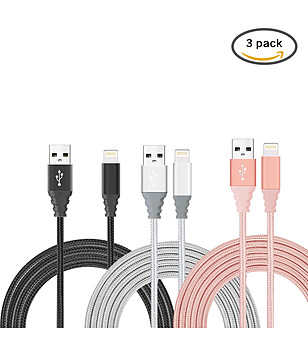 Комплект от 3 кабела USB към Lighting в черно, сребристо и розово снимка