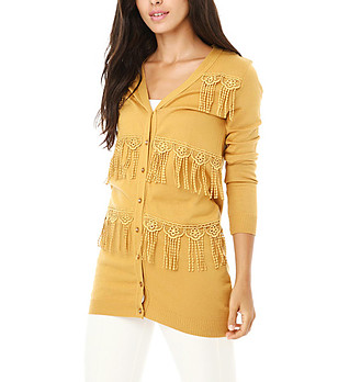 Дамска жилетка в цвят горчица с ресни снимка