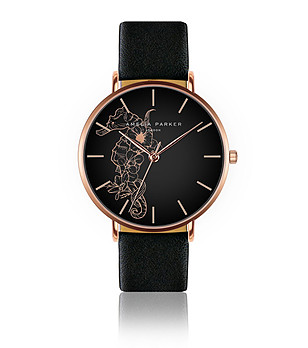 Дамски часовник в черно и розовозлатисто с кожена каишка Alenia снимка