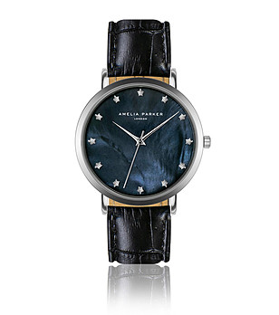 Сребрист дамски часовник със син циферблат и черна каишка Aura снимка