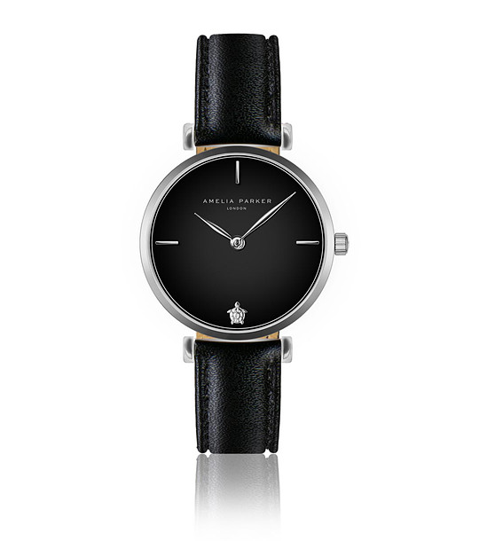 Черен дамски часовник със сребрист корпус и кожена каишка  Harriet снимка
