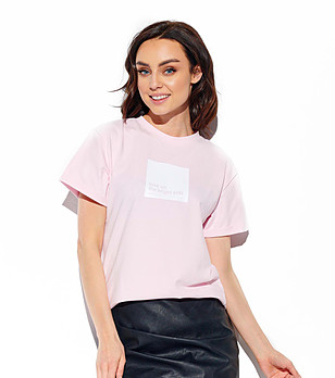 Дамска памучна тениска в розово с контрастен принт Emala снимка