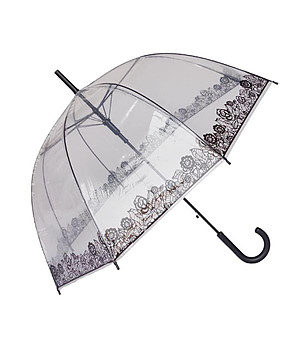 Прозрачен чадър с черен флорален принт снимка