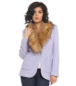 Синьо дамско сако с пухкава яка снимка