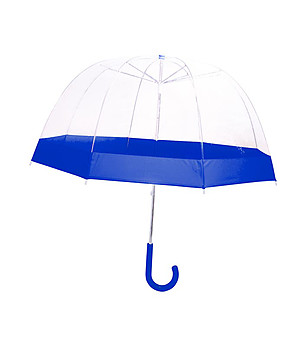 Прозрачен чадър със син кант и дръжка снимка