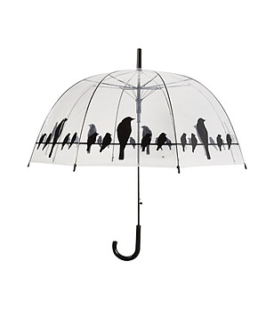 Прозрачен чадър с черен принт Птички на жица снимка