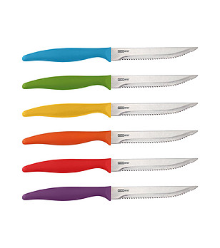 Комплект от шест ножа с цветни дръжки и поставка снимка