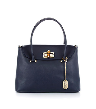 Тъмносиня кожена дамска чанта с капак снимка