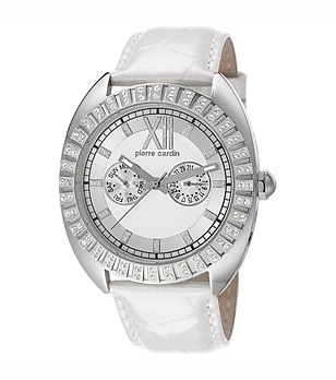 Дамски часовник със сребрист корпус и каишка в бяло снимка