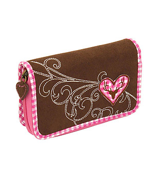 Кафяв дамски портфейл с кариран кант в розово Bavaria снимка