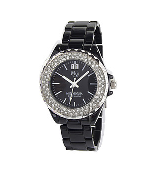 Черен дамски часовник с кристали Geneve снимка