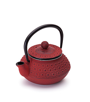 Чугунен чайник в червено с флорални мотиви 300 мл снимка
