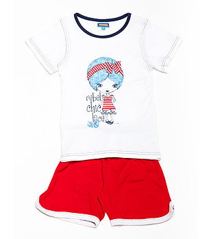 Памучна пижама за момиче в бяло и червено снимка