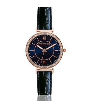 Дамски часовник в розовозлатисто с черна каишка от естествена кожа Nadine снимка