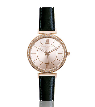 Дамски часовник в розовозлатисто с каишка от естествена кожа в черно Rita снимка