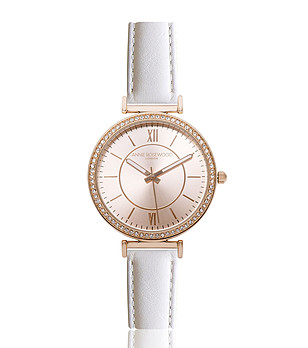 Дамски часовник в розовозлатисто с каишка от естествена кожа в бяло Olivia снимка