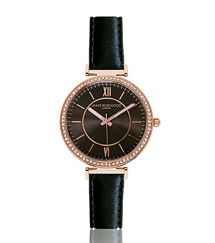 Дамски часовник в розовозлатисто с кожена каишка в черно Ksenia снимка