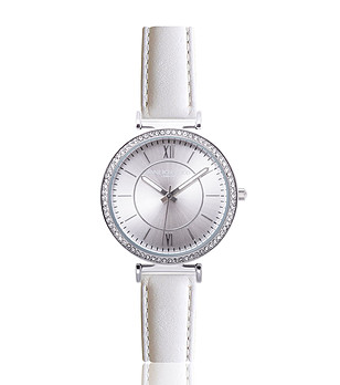 Дамски часовник в сребристо с кожена каишка в бяло Rachela снимка