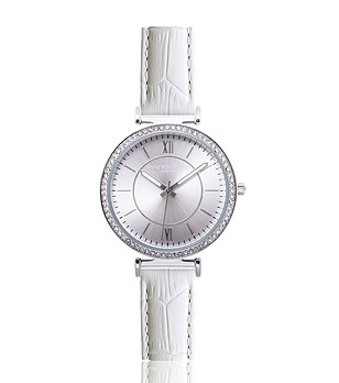 Дамски часовник в сребристо с кожена каишка в бяло Felipa снимка