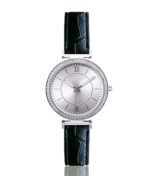 Дамски часовник в сребристо с кожена каишка в черно Ledora снимка